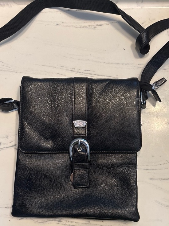 Handbags - Black Leather Crossbody Bag with Buckle Detail